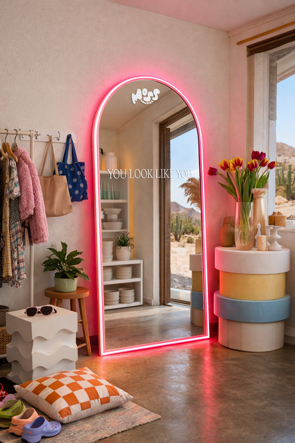 Graphic depicting a hexagonal cropped photo of an interior room design with grid lines along its borders.